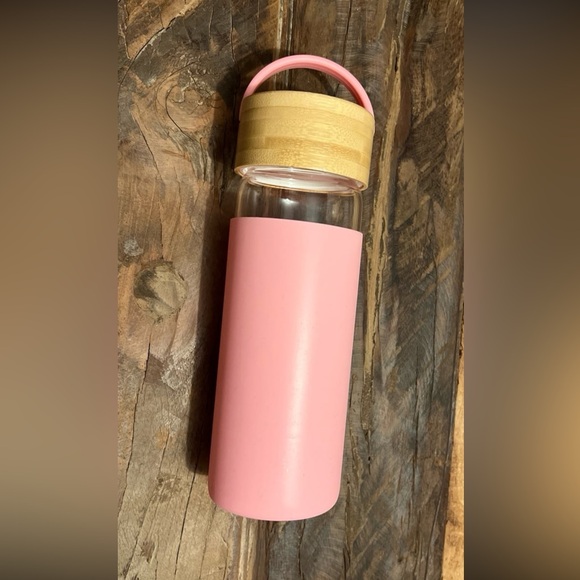 Silicone Sleeve Glass Tumbler, Bamboo Lid and Handle, Pink Water Bottle - Picture 2 of 6